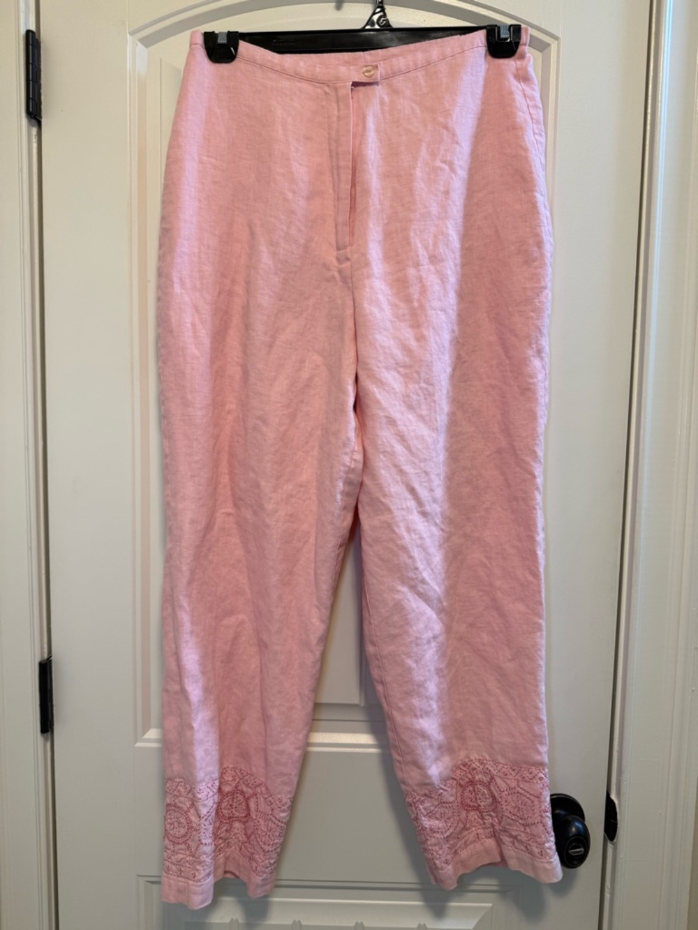 100% Linen Pants Womens Size 12 Pink Beachy Vaca Casual Embroidered Hem Summer